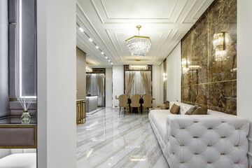 Living room in rich modern home with italian marble floor