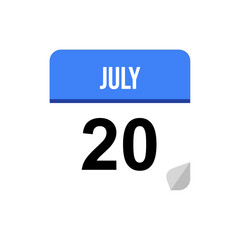 20 July calendar date icon on transparent background