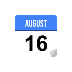 16 August calendar date icon on transparent background