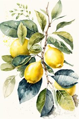 lemons on a branch watercolor solid white background, AI assisted finalized in Photoshop by me 