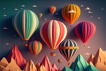 A group of hot air balloons flying over a mountain range