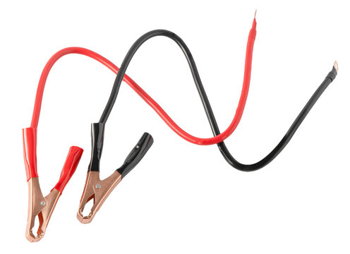 Terminals wire clamps red and black alligator clips for inverter-voltage converter. Clothespin clips car cigarette lighter isolated on white background. clamping alligators