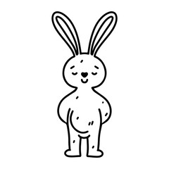 Fototapeta na wymiar Funny bunny in hand drawn doodle style. Cute bunny toy. Coloring page activity. Isolated on white background.