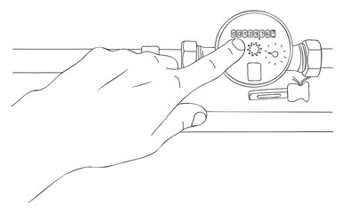 Taking readings from water meter. Household water consumption. Utility payments. Water cost. Editable hand drawn contour. Sketch in minimalist style. Vector