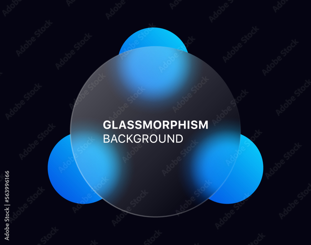 Poster glassmorphism background banner with transparent glass frame template . Realistic Frosted glass morphism effect with blurred abstract gradient blue circle shapes. Vector illustration
