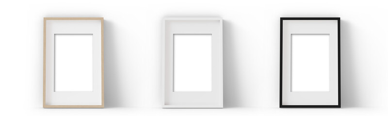 Set of vertical picture frames. Could be standing on the floor or sideboard, with shadows. Transparent background. White, wooden and black frames with passepartout. Template, mock up for your picture