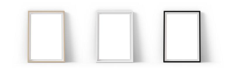 Set of vertical picture frames. Could be standing on the floor or sideboard, with shadows. Transparent background. White, wooden and black frames with passepartout. Template, mock up for your picture