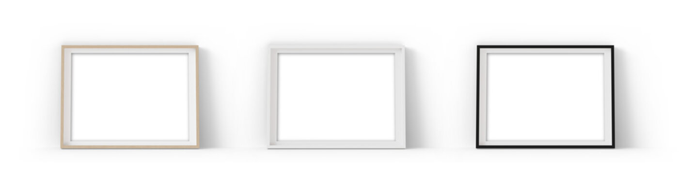 Set of horizontal picture frames. Could be standing on the floor or sideboard, with shadows. Transparent background. White, wooden and black frames with passepartout. 
