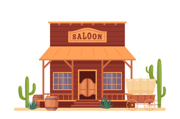 Wild west town street. Vector illustration of western saloon house with wooden barrel, swing door, wagon, cactuses. Wild west landscape for poster,  invitations. Hot sand desert . Texas country tavern - obrazy, fototapety, plakaty