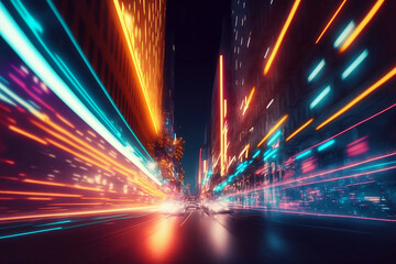 Motion of line speed and power or light trails. High-speed light with curve movement beam. 5G Technology fast and futuristic background. Abstract motion blur. Generative AI.