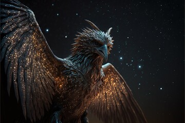Obraz premium a large bird with a long tail and wings spread out, with stars in the background, in the night sky, with a glowing light shining on its wings, and a black background. , AI