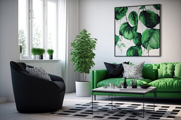 interior design of a white living room with green sofa, a soft chair, coffee table, and house plant. Contemporary decor. Generative AI. 