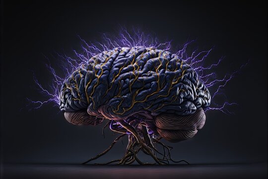  A Brain With Electrical Discharges On It's Side And A Black Background With A Purple Lightening Effect On The Side Of The Brain And The Top Of The Brain Is A Black. , AI Generative AI