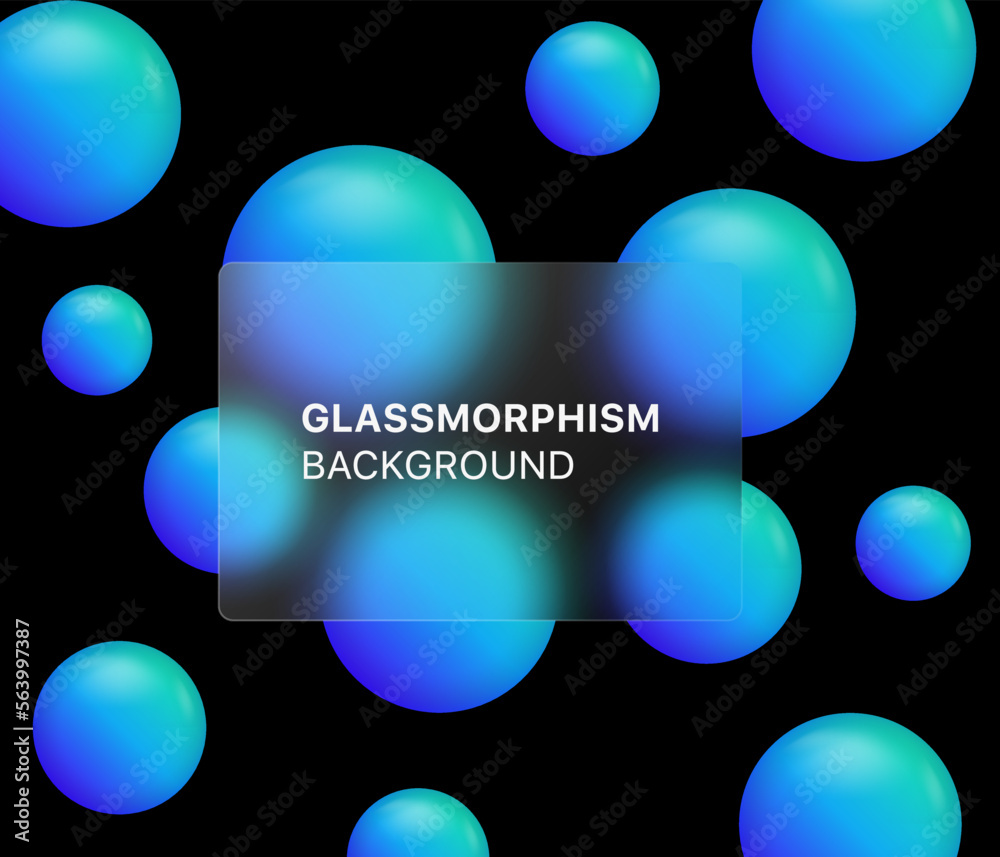 Poster glassmorphism background banner with transparent glass frame template . Realistic Frosted glass morphism effect with blurred abstract gradient blue circle shapes. Vector illustration