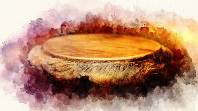 african djembe drum and softly blurred watercolor background. Loop Animation