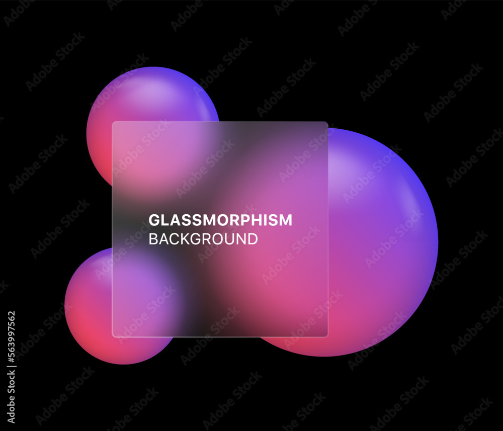 Poster glassmorphism background banner with transparent glass frame template . Realistic Frosted glass morphism effect with blurred abstract blue circle shapes. Vector illustration