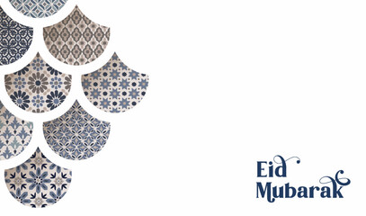 Traditional ornamental arabic tiles, patterns through fish scale cut out arabesque window. Greeting card, invitation. Muslim holiday Ramadan Kareem. Vector illustration background, Eid Mubarak banner. © tabitazn
