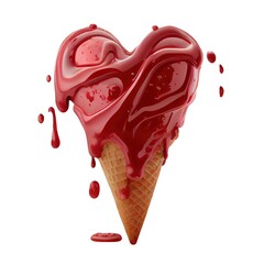 Heart shaped pink ice cream in a waffle cone with topping isolated on white background. St. Valentine's Day food design.