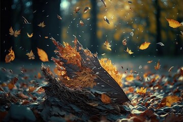  a fallen umbrella surrounded by leaves in a forest with falling leaves on the ground and falling leaves on the ground, with a dark background of trees and leaves falling in the air, with. , AI