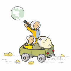 Two cosmonauts at moon rover, space vehicle, vector illustration