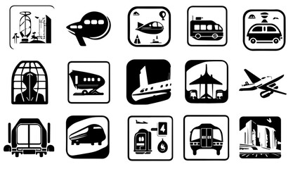 silhouette, vektor, airport, modern, icon, business, smiley, symbol, button, zeichen, abbildung, weiß, rot, isoliert, circle, dreieck, train, travel, car, bus, plain, world, abstract, scifi, planet,