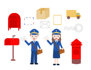 Male and female postman characters.Man and woman in uniform.red mailbox with mail.Post office and parcel.Letter and envelope.Sign, symbol, icon or logo isolated.Flat design.Cartoon vector illustrator.