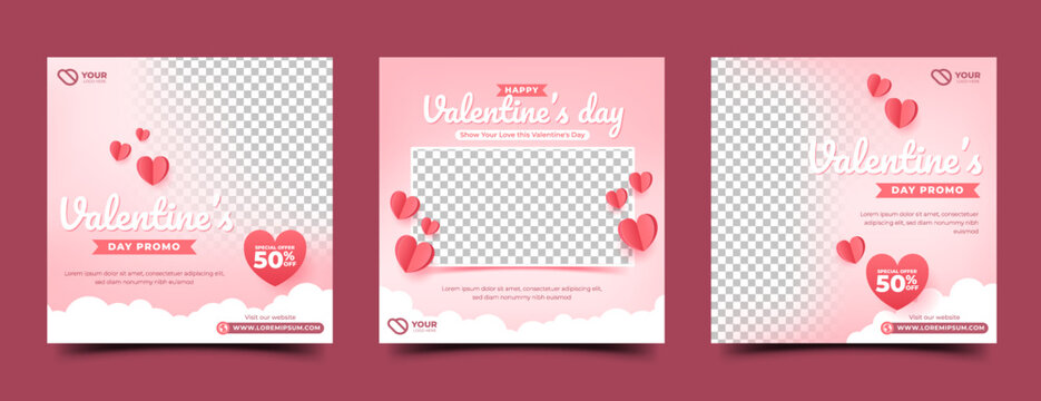 Set of Valentine social media post template design. Pink background with love paper decoration. Usable for greeting card, social media post, and web