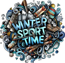 Winter Sport Time detailed lettering cartoon illustration