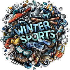 Winter Sports detailed lettering cartoon illustration