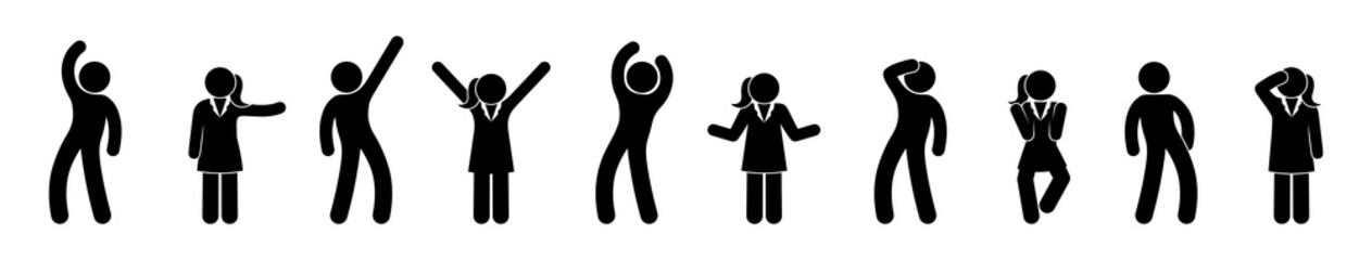 stick figure man icon, gestures and poses, man and woman, emotions illustration