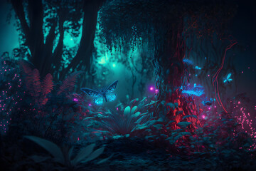 avatar pandora planet at night, neon glowing insects flying in jungle, glowing dots at plants and trees - obrazy, fototapety, plakaty