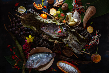 Maito rodeado de productos de la amazonia