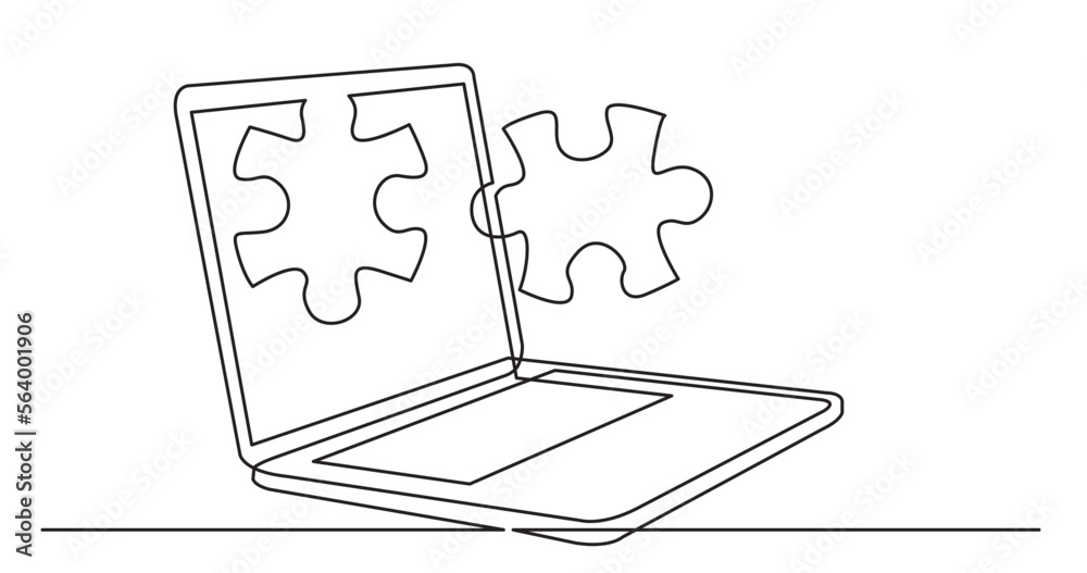 Poster continuous line drawing vector illustration with fully editable stroke of laptop computer with puzzl