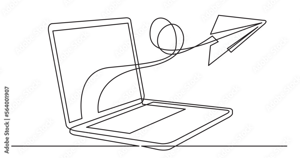 Poster continuous line drawing vector illustration with fully editable stroke of laptop computer with paper