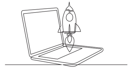 continuous line drawing vector illustration with FULLY EDITABLE STROKE of laptop computer with rocket launch as business concept of startup