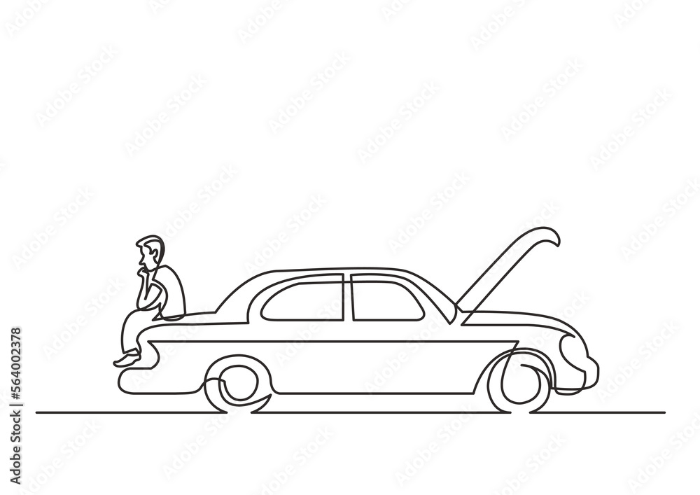 Wall mural continuous line drawing vector illustration with fully editable stroke of lonely driver sits on brok