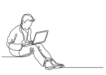 continuous line drawing vector illustration with FULLY EDITABLE STROKE of guy sitting with laptop computer