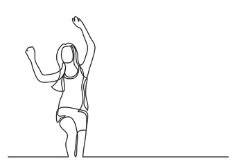 continuous line drawing vector illustration with FULLY EDITABLE STROKE of happy dancing woman