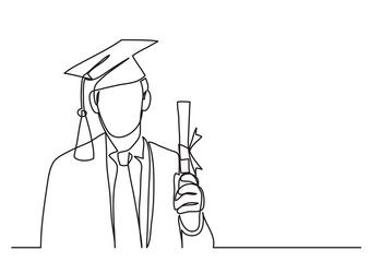 continuous line drawing vector illustration with FULLY EDITABLE STROKE of happy graduate with diploma - obrazy, fototapety, plakaty