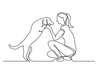 continuous line drawing vector illustration with FULLY EDITABLE STROKE of happy pet lover with dog