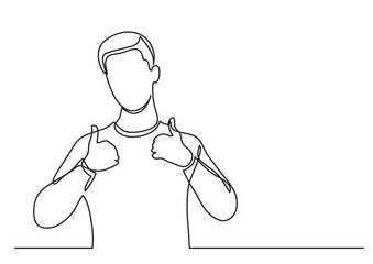 continuous line drawing vector illustration with FULLY EDITABLE STROKE of happy young man showing thumb up