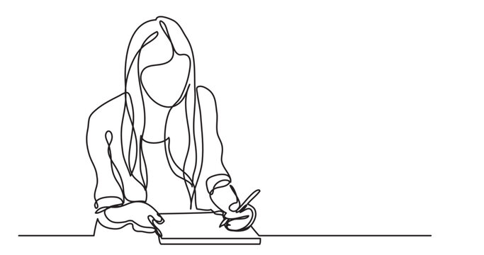 continuous line drawing vector illustration with FULLY EDITABLE STROKE of girl writing