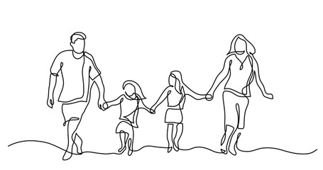 continuous line drawing vector illustration with FULLY EDITABLE STROKE of of happy healthy family walking together on sunny day