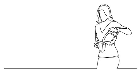 continuous line drawing vector illustration with FULLY EDITABLE STROKE of of woman pouring coffee in cup