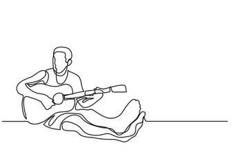continuous line drawing vector illustration with FULLY EDITABLE STROKE of sitting playing guitar