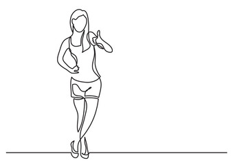 continuous line drawing vector illustration with FULLY EDITABLE STROKE of standing fitness woman showing thumb up