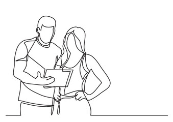 continuous line drawing vector illustration with FULLY EDITABLE STROKE of standing man and woman discussing paperworks