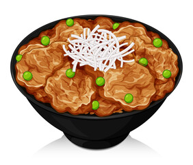 Japanese pork donburi recipe (Butadon) illustration vector. Butadon rice bowl grilled pork slices with caramelized soy sauce and green peas.