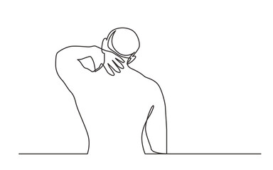 continuous line drawing vector illustration with FULLY EDITABLE STROKE of standing man suffering from neck pain