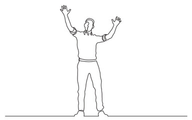 continuous line drawing vector illustration with FULLY EDITABLE STROKE of standing man waving hands